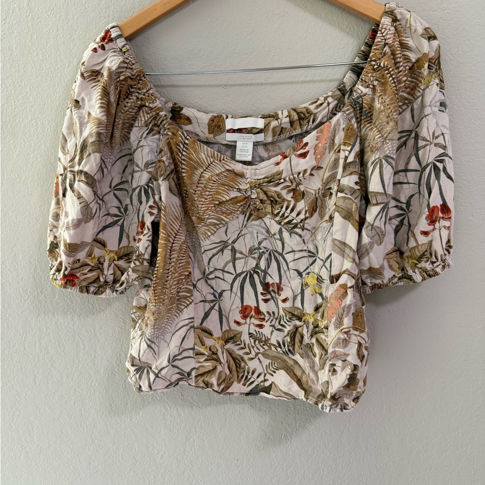 H&M Linen Blend Puff Sleeve Floral Top Blouse Size M